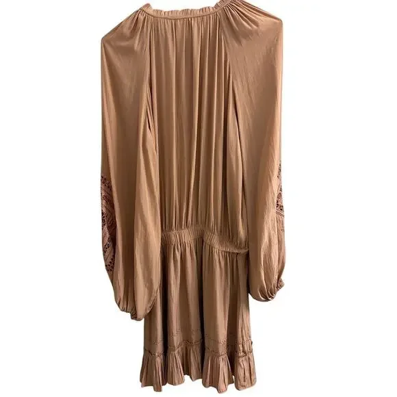 Ramy Brook Emmett Carmel Ruffle Boho Mini Dress Long Sleeve Smocked M Like New - Picture 5 of 9